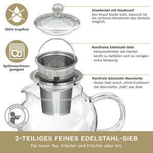 KE 02 Glass Teapot 3-part with integrated stainless steel strainer - Creano